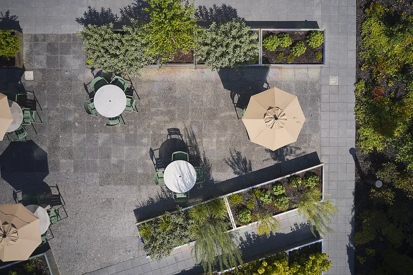 Vue de drone de l'espace tables parasol à Cloria Vallée du Richelieu.