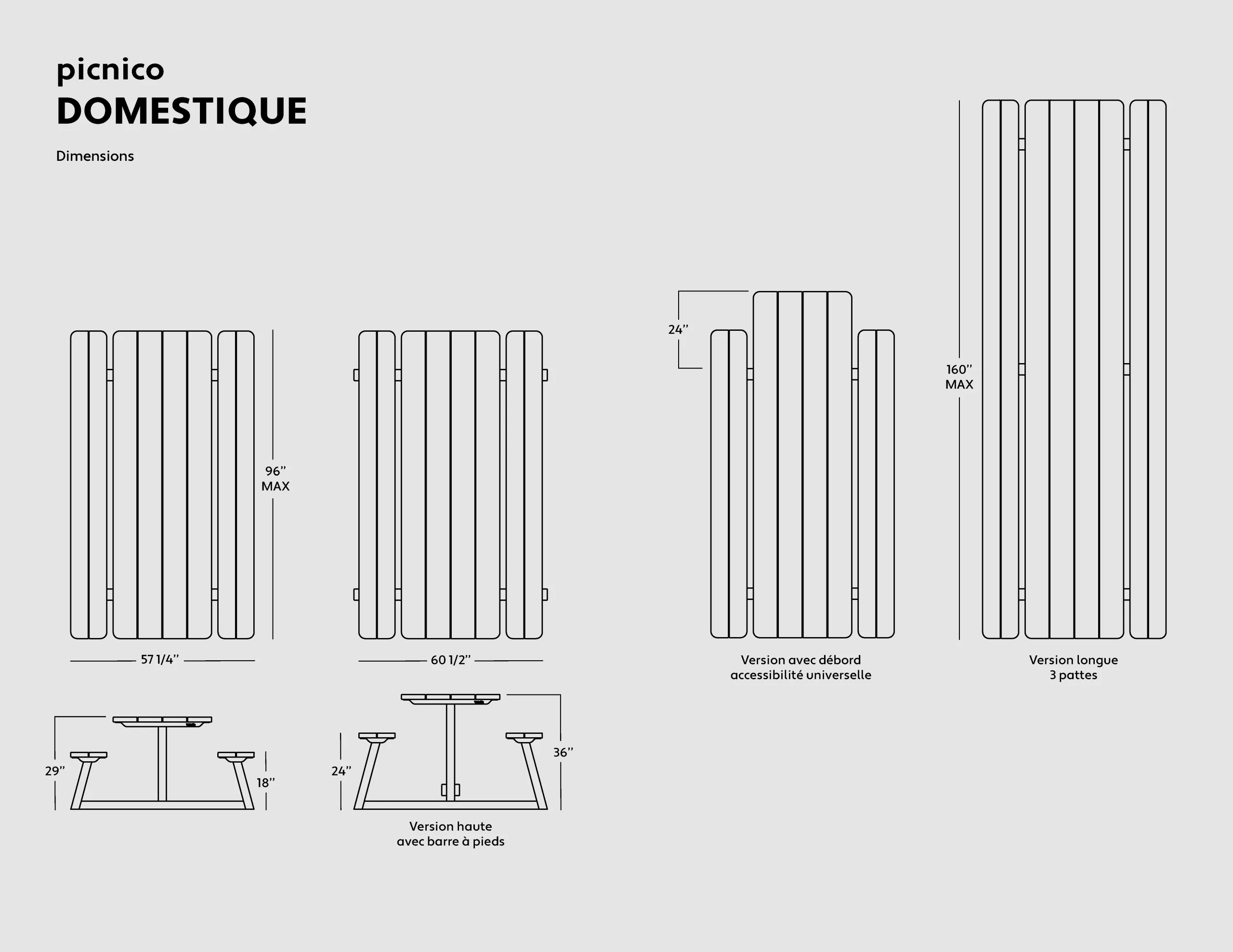 Plan technique de la table Picnico Domestique, dans la collection de mobilier créée par Taktik design.