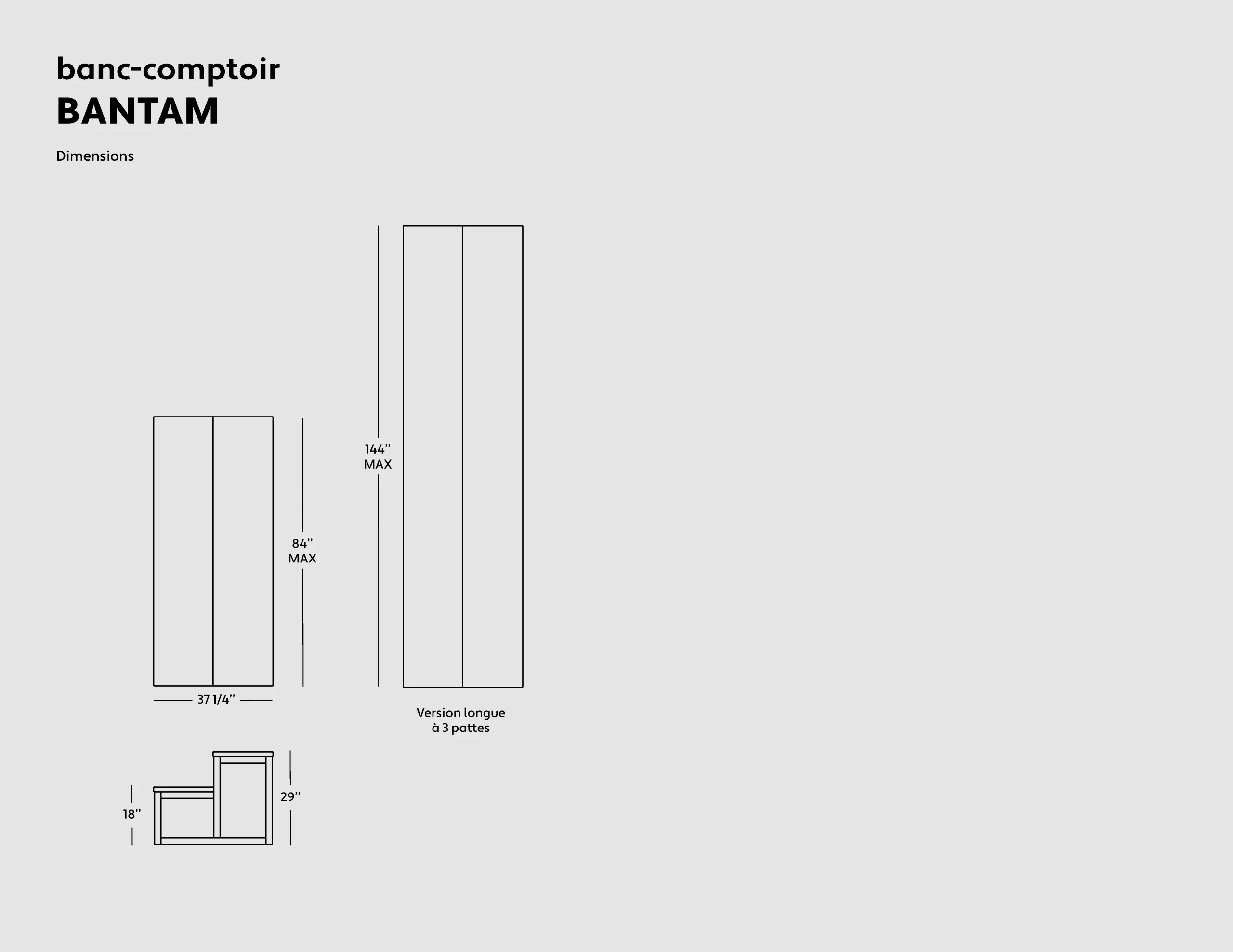 Plan technique du banc-comptoir BANTAM.
