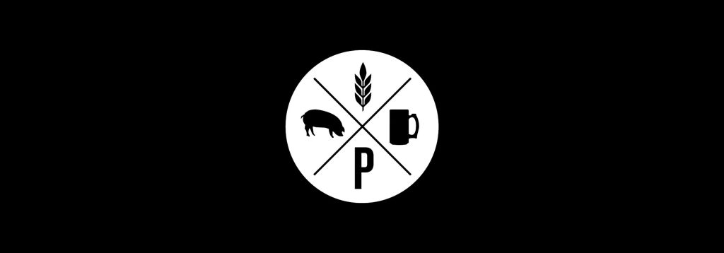 Logo du resto-pub le pourvoyeur représentant le malt, un porc et un verre de bière en noir sur fond blanc.
