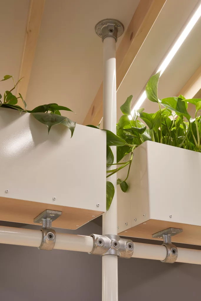 Des bacs de plantes situées au dessus des assises ajoutent de la verdure à l'environnement.