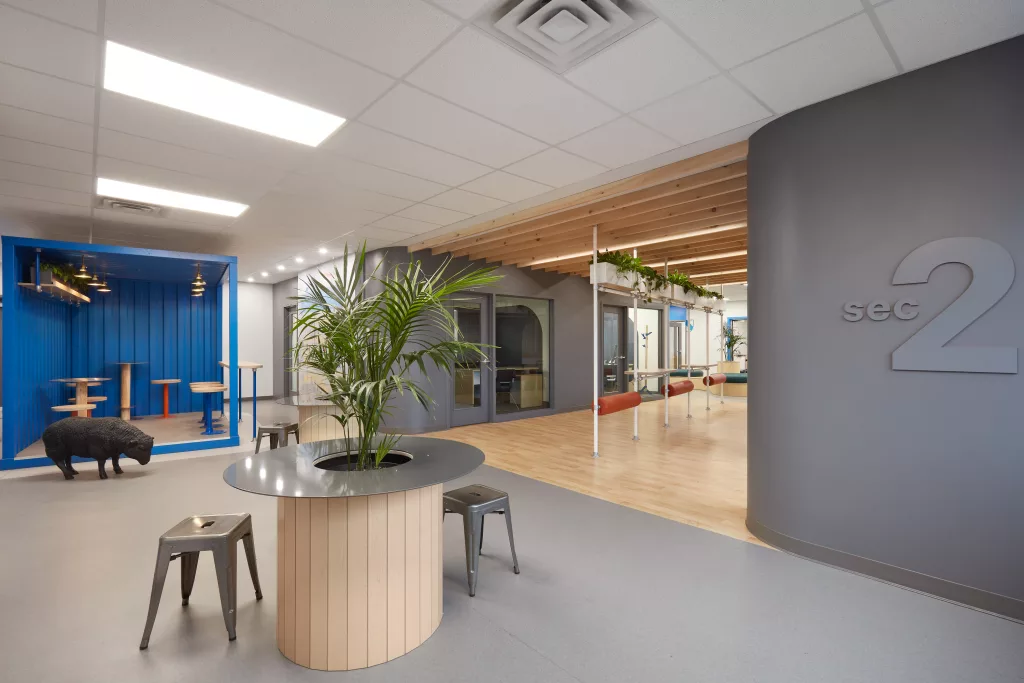 Un comptoir rond d'acier et de bois contenant une plante au centre d'un tiers lieu du nouvel étage du Collège Sainte-Anne.