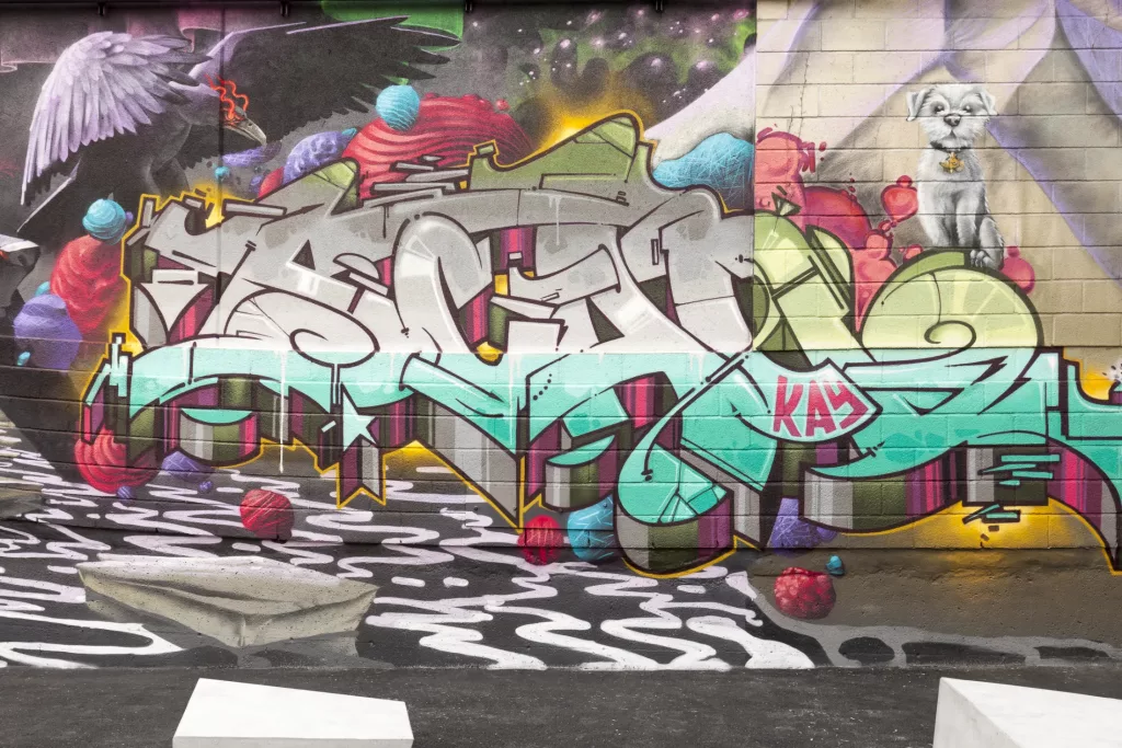 Un graffiti réalisé par l'artise Montréalais Scaner sur un mur de la cour extérieure du Collège Ville-Marie.