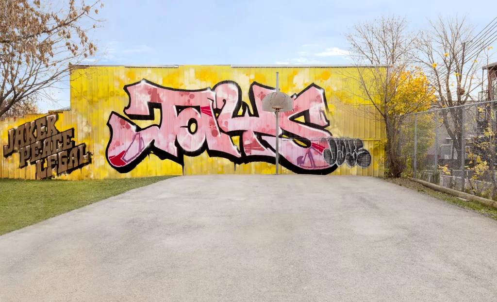 U graffiti de l'artiste Jaber couvre un mur de la cour extérieure du Collège Ville-Marie.