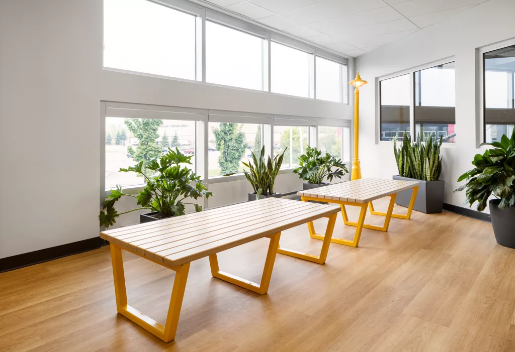 Deux grandes tables e bois et d'Acier peit jaune s'agencent à un lampadaire de la même cpouleur dans un coin vitré de la bibliothèque du Collège d'Anjou.
