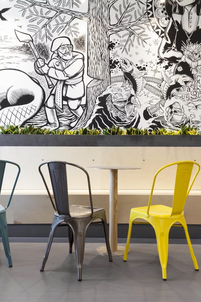 Gros plan sur une section de la murale du café étudiant quartier général du collège sainte-anne.