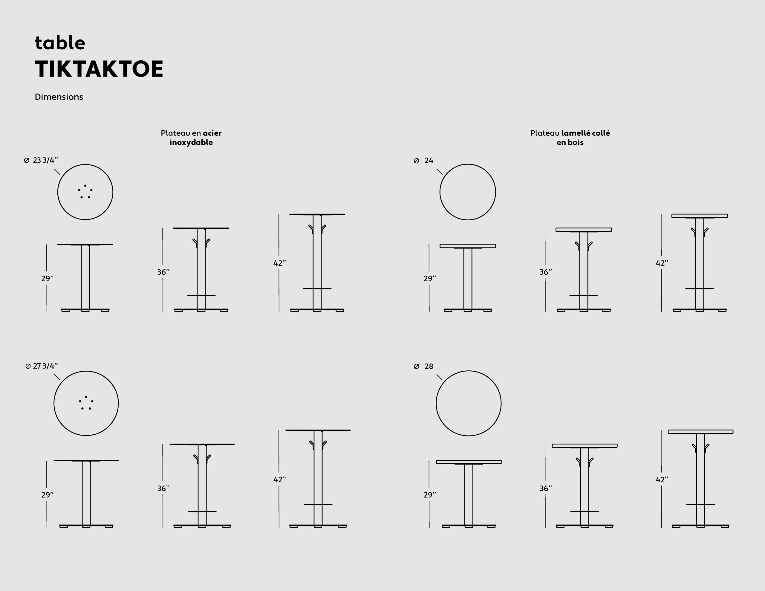 Plan technique de la table Tiktaktoe, conçue et fabriquée par Taktik Design.