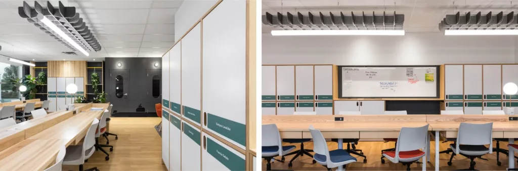 La salle de cotravail comprend un tableau blanc.