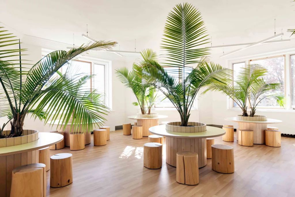 Une salle de travaux intégrant de la biophilie à l'Académie Sainte-Anne.