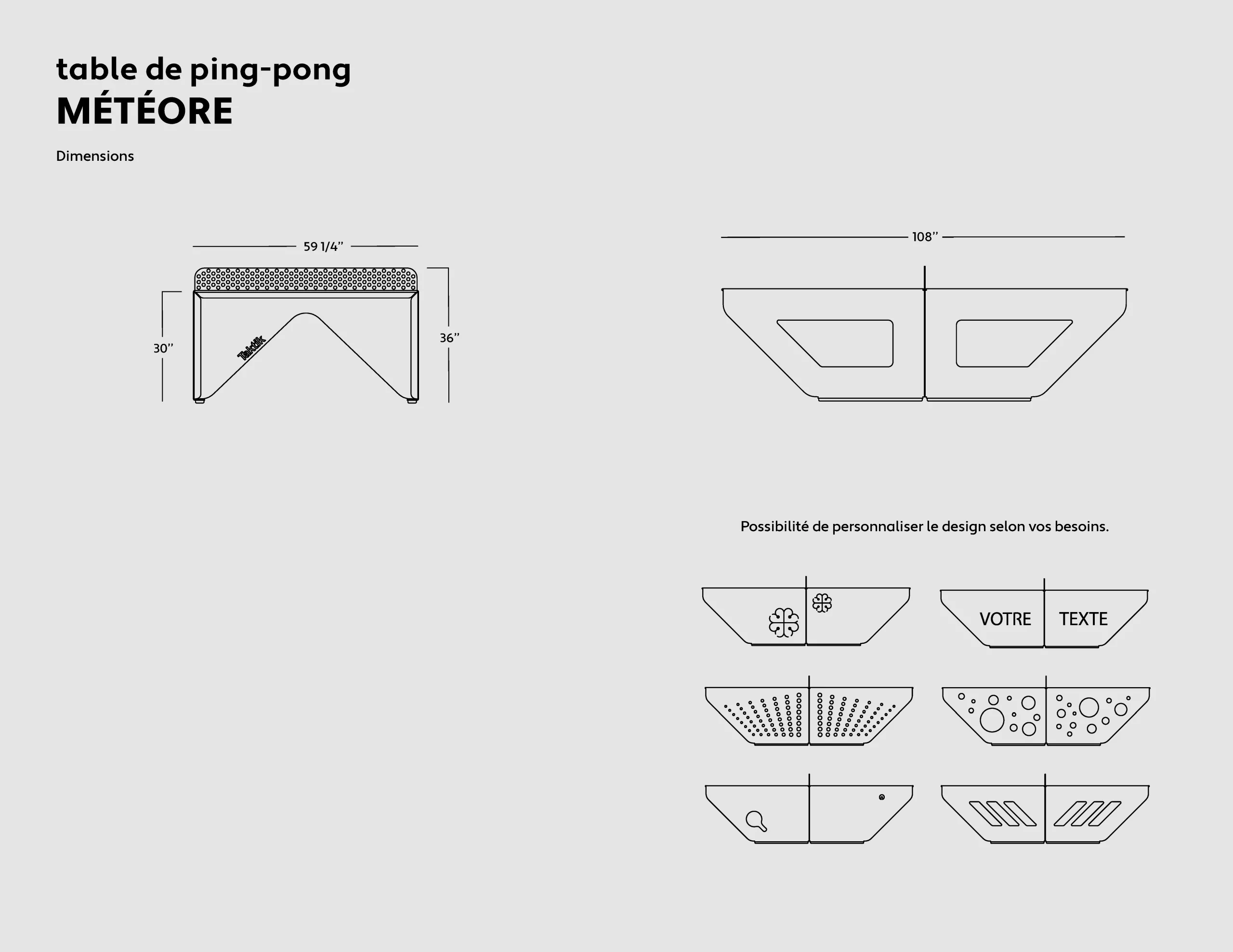 Plan technique de la table de ping-pong Météore, conçue et fabriquée par taktik Design.
