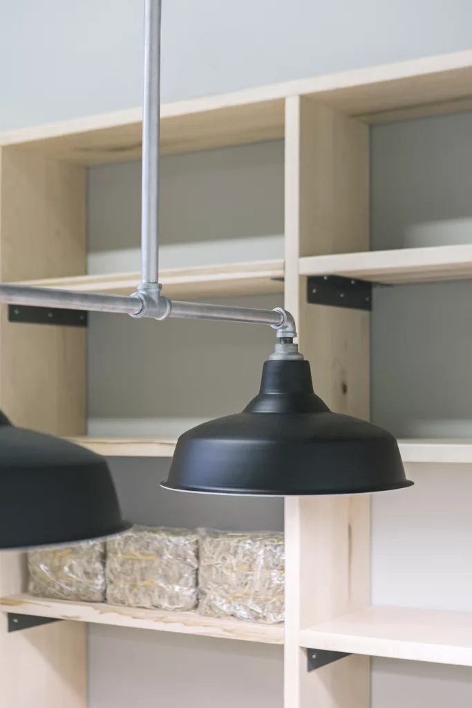Un gros plan sur les lampes suspendues devan les étagères de bois naturel.