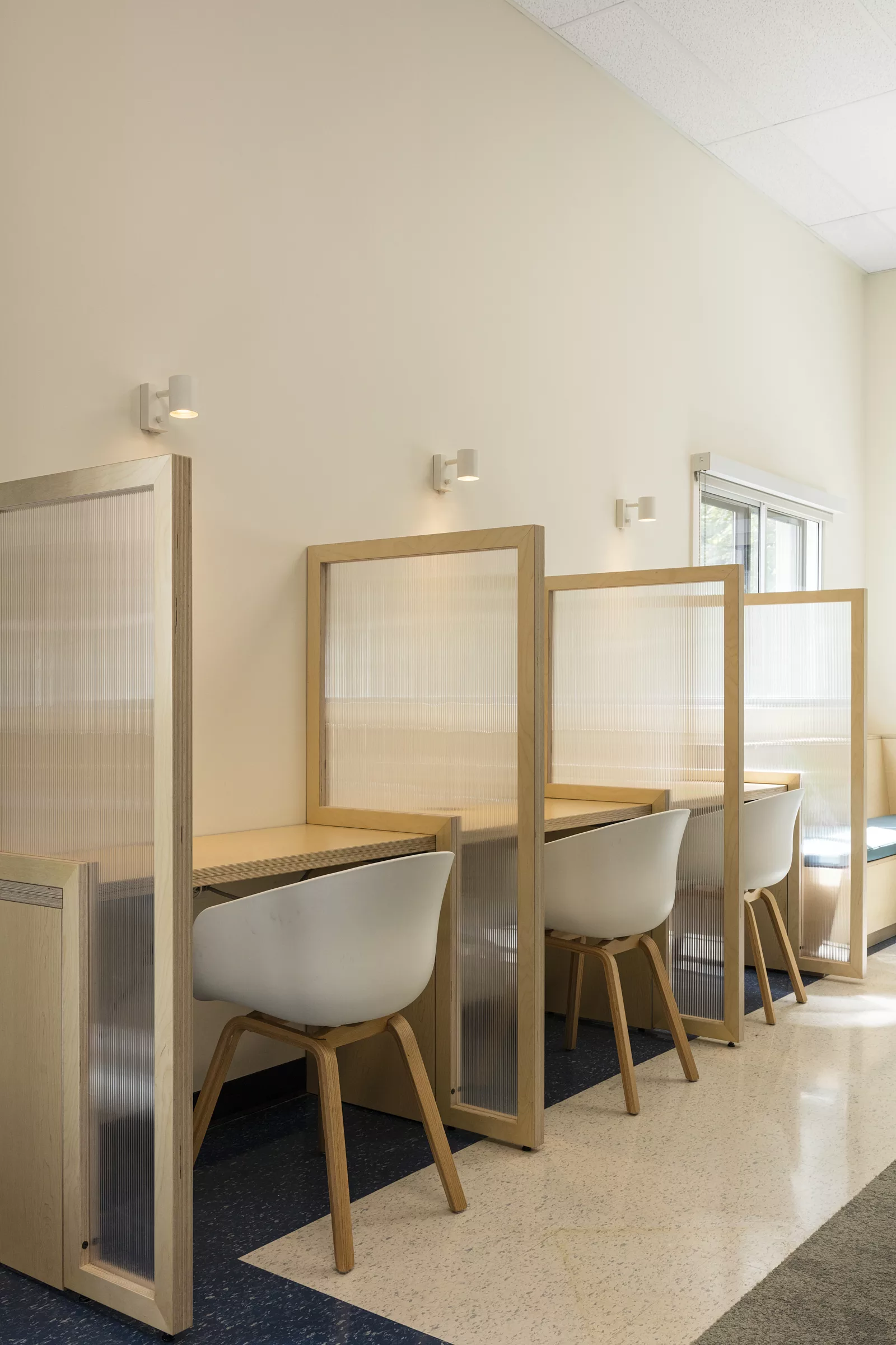 Une vue d'espaces de travail individuels à la bibliothèque du Collège Saint-Hilaire.