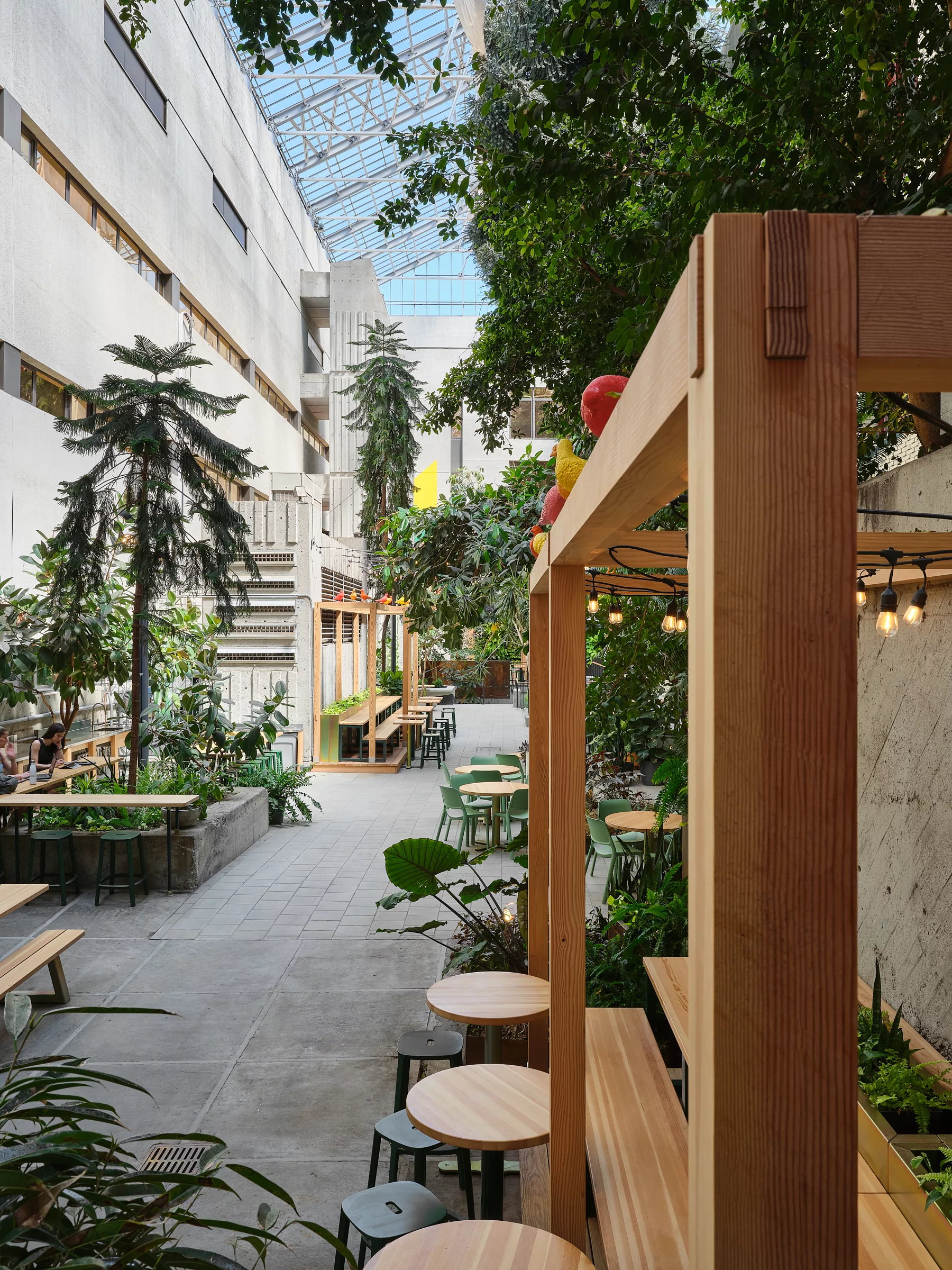 Détail de mobilier dans l'aménagement du jardin intérieur du Collège de Maisonneuve.