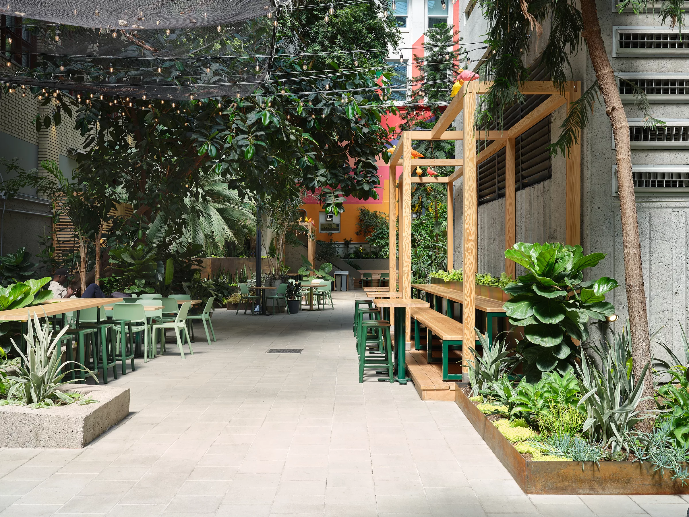 Vue générale de l'aménagement du jardin intérieur au Collège de Maisonneuve. Une cour intérieure fermée par un toit dans laquelle poussent de nombreux végétaux. On y voit du mobilier créé par Taktik Design.